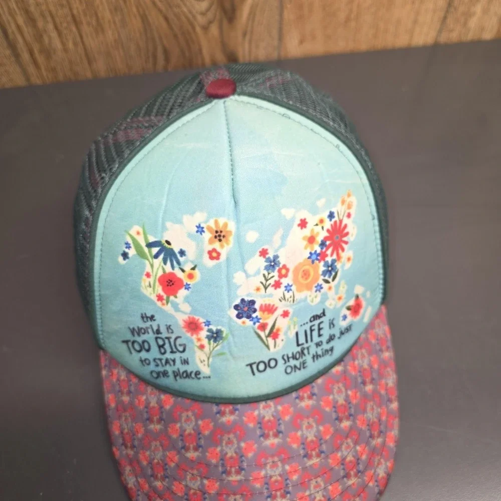 Natural Life Hat Cap Snap Back Womens Adjustable World Map Travel Quote Floral